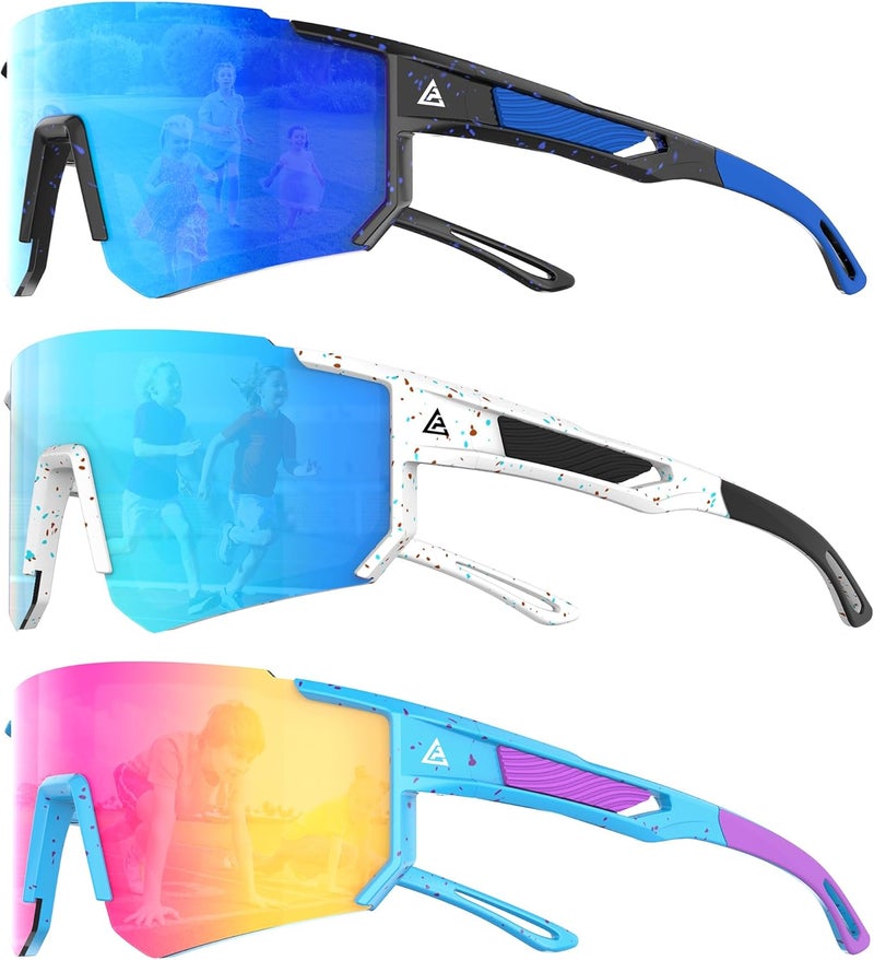 QALLY Store 3PACK Kids Sunglasses Youth Baseball Sunglasses for Boys Girls Age 4-14, Softball Cycling UV400 Protection Sports - Image 1
